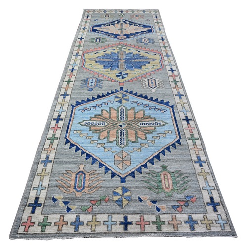 Pale Seaspray Gray with Dove Grey Border, Anatolian Village Inspired Design with Large Tribal Medallions, Soft Wool Hand Knotted, Runner Oriental Rug
