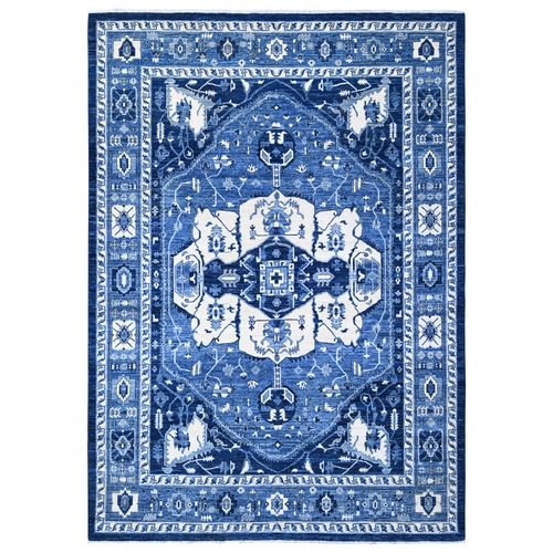 Yale Blue, All Wool, Afghan Serapi Heriz With Central Medallion Design, Hand Knotted Densely Woven, Soft To The Touch Pile, Vegetable Dyes, Oriental Rug