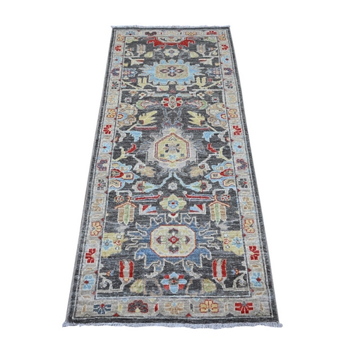 Blackberry Black, Peshawar With North West Persian Motifs, 100% Wool, Hand Knotted Vegetable Dyes, Aryana Short Runner Oriental Rug