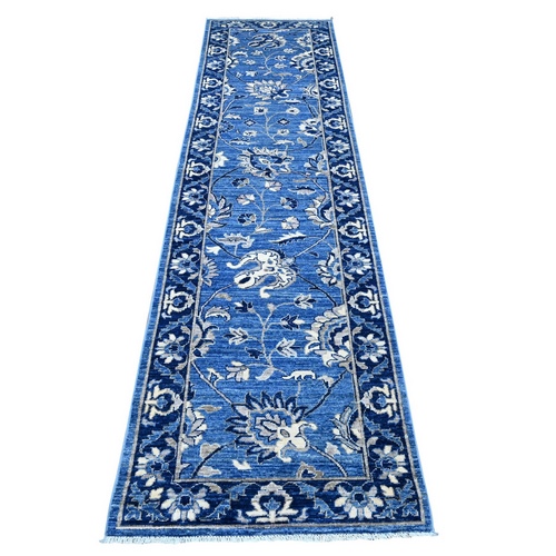 Azure Blue, 100% Wool, Vegetable Dyes, All Over Peshawar Mahal Design With Scrolls and Veins, Hand Knotted Runner Oriental Rug