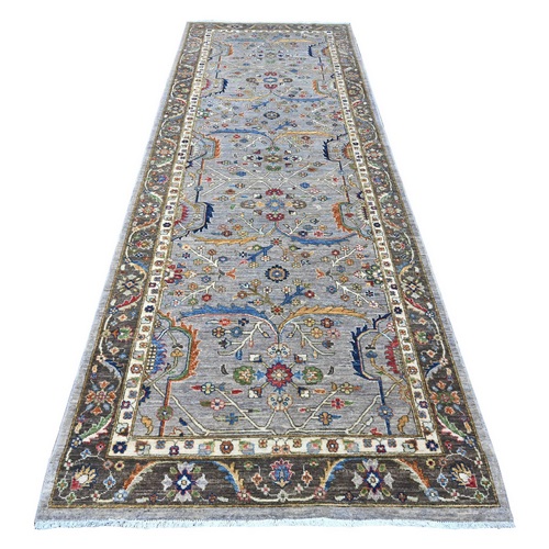 Metal With Wolf Gray Border, Fine Aryana With All Over Heriz Design, Hand Knotted Vegetable Dyes, 100% Wool, Oriental Wide Runner Rug