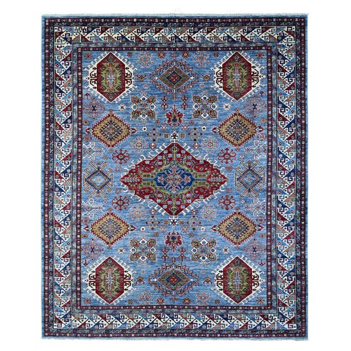 Blue Gray With Valspar White, Afghan Super Kazak, All Over Colorful And Vibrant Geometric Elements, Natural Dyes, Hand Knotted, Oriental Rug
