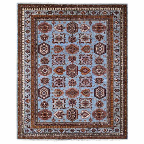 Lagoon Blue, Afghan Super Kazak With All Over Motifs, Vegetable Dyes, Hand Knotted, Soft and Vibrant Wool, Oriental Rug