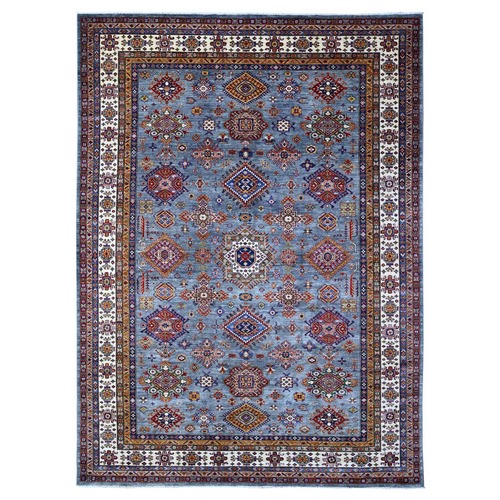 Glaucous Blue, All Over Geometric Elements Afghan Super Kazak, Soft and Vibrant Wool, Hand Knotted, Vegetable Dyes, Oriental Rug