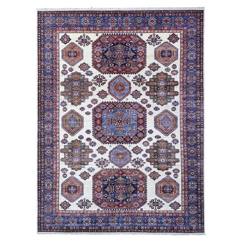 Shoreline White and Sapphire Blue, Hand Knotted Natural Dyes, Afghan Super Kazak With Large Tribal Medallions Design, Extra Soft Wool Oriental Rug