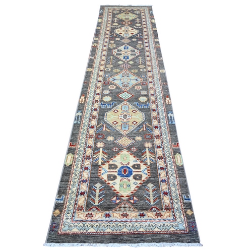 Smoky Fellatio Gray with Multiple Border, Aryana with North West Persian Design with Small Animal Figurines, Natural Dyes, Luxurious Wool, Hand Knotted, Runner Oriental Rug