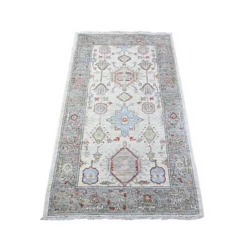 Fresh Mint Gray with Misty Grey Border, Natural Dyes, 100% Wool, Hand Knotted, Denser Woven, Karajeh with Geometric Medallions Design, Oriental Rug