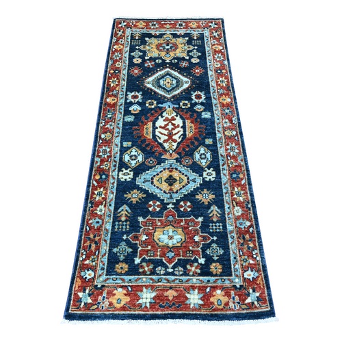 Bdazzled Blue with Fire Brick Red Border, Fine Aryana, Karajeh Design, Luxorious Wool, Hand Knotted,  Runner Oriental Rug