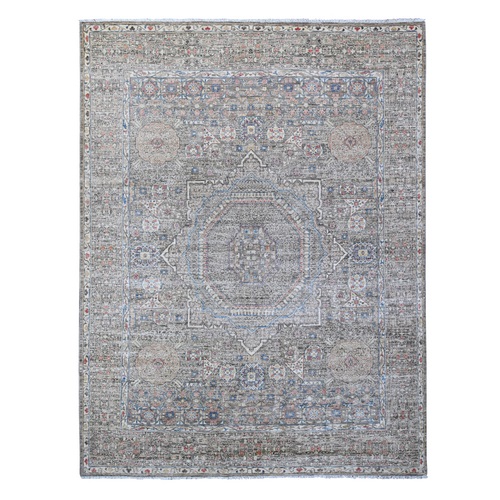 Battleship Gray, Hand Knotted, Natural Wool, Pre Historic 14th Century Influence Mamluk Central Medallion Design, Vegetable Dyes, Luxurious Oriental Rug