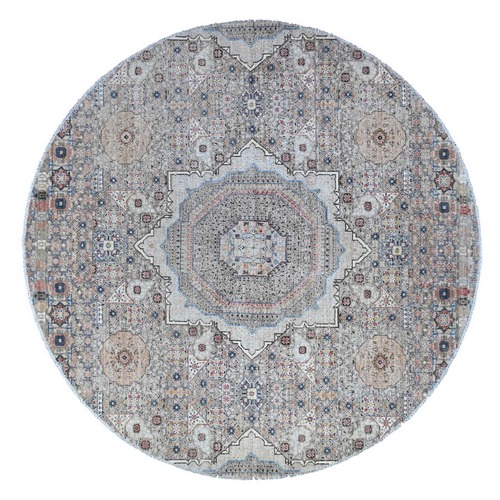 Concrete Gray, Vegetable Dyes, Hand Knotted, 100% Wool, Fine Peshawar Round With Mamluk Geometric Design, Oriental Rug