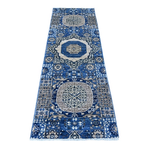 Violet Blue, Borderless, Denser Weave Pure Wool, Hand Knotted, Natural Dyes, Fine Aryana Collection Mamluk Design With Geometric Motifs, Runner Oriental Rug