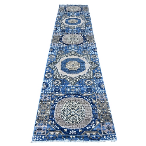 Blueberry Blue, Aryana Collection, Hand Knotted Mamluk Design With Large Geometric Medallions, Soft and Velvety Wool Vegetable Dyes, Runner Oriental Rug