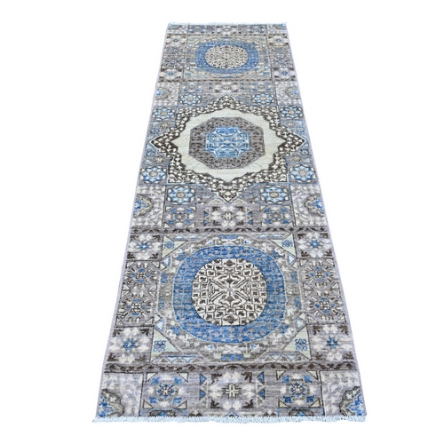 Supernova Gray, Hand Knotted and Vibrant Wool, Natural Dyes Fine Aryana Mamluk Runner with Geometric Medallions Design, Densely Woven Oriental Rug