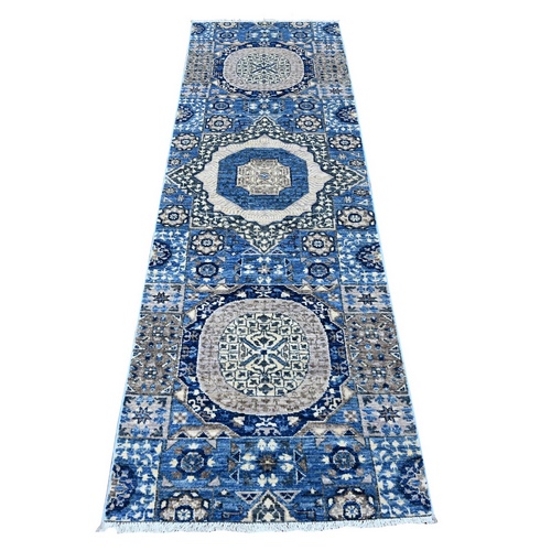 Duke Blue, Extra Soft Wool Hand Knotted Aryana Collection, Mamluk Design With Large Geometric Medallions, Natural Dyes, Runner Oriental Rug