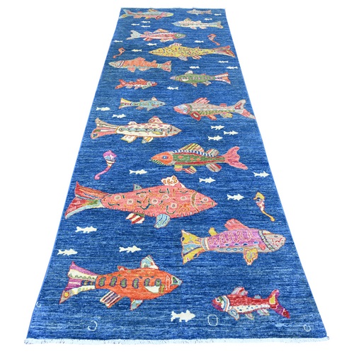 Evening Blue, Natural Dyes, Dense Weave, Organic Wool Afghan Peshawar Oceanic Colorful Fish Design, Hand Knotted Oriental Wide Runner Rug