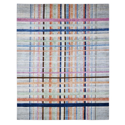 Gainsboro Gray, Hand Knotted, Soft And Velvety Wool, Bauhaus Inspired Criss Cross Colorful Line Design, Oriental 