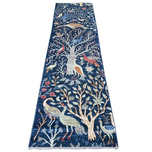 Millennium Blue, Afghan Peshawar with Birds of Paradise, Hand Knotted, Vegetable Dyes, 100% Wool, Runner, Oriental 