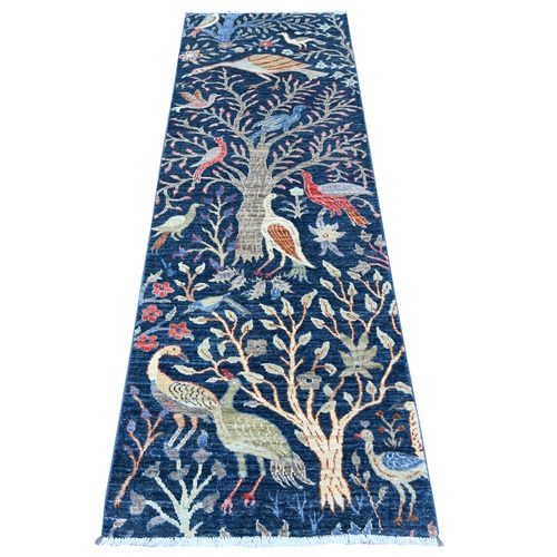 Millennium Blue, Afghan Peshawar with Birds of Paradise, Hand Knotted, Natural Dyes, Pure Wool, Runner, Oriental 