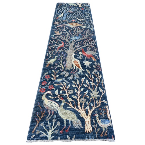 Millennium Blue, Afghan Peshawar with Birds of Paradise, Hand Knotted, Vegetable Dyes, Natural Wool, Runner, Oriental Rug