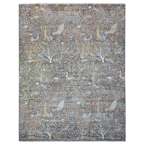 Carbon Gray, Organic Wool, Afghan Peshawar with Birds of Paradise, Hand Knotted, Natural Dyes, Oversized, Oriental 