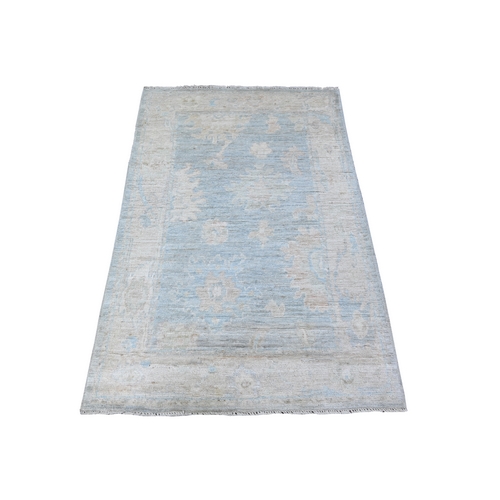 Blue Gray, Afghan Angora Oushak with All Over Design, Faded Out, Natural Wool Hand Knotted Oriental Rug