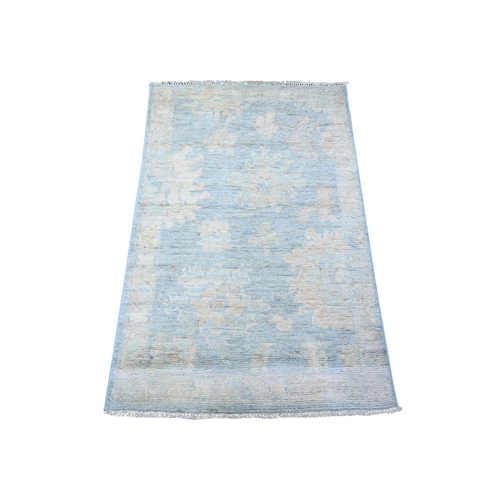 Moody Blue, 100% Wool Hand Knotted Natural Dyes Afghan Angora Oushak Soft Colors, All Over Colorful Motifs, Runner Oriental Rug