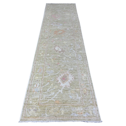 Moonshine Green, Hand Knotted Afghan Pure Wool Angora Oushak With All Over Leaf Design, Natural Dyes Oriental Runner Rug