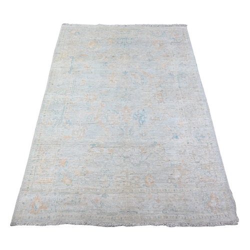 Blissful Blue, Faded Out Afghan Angora Oushak and All Over Designs, Hand Knotted Vegetable Dyes Oriental Soft Wool Rug