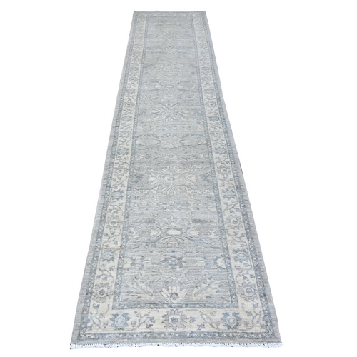 Lazy Gray, Extra Soft Wool Hand Knotted Finer Peshawar Heriz Sickle Leaf Design, Densely Woven, Natural Dyes, Oriental Runner 