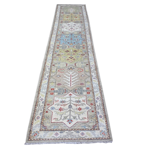 Ash Grey with Link White, Caucasian Akstafa Design Design, Fine Aryana, Pure Wool, Hand Knotted, Runner Oriental 