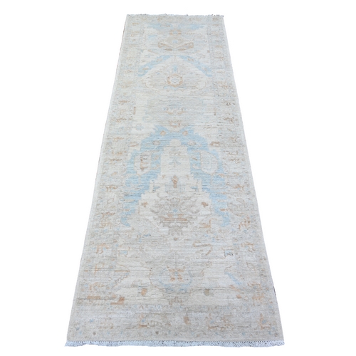 Goose Gray, White Wash Peshawar, Hand Knotted, Vegetable Dyes, Pure Wool, Runner Oriental 