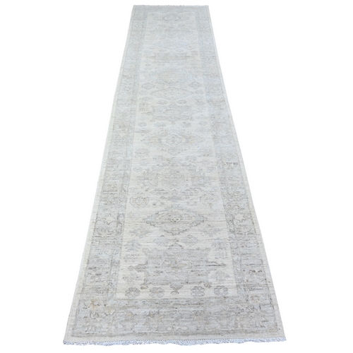 High Reflective White, Distressed White Wash Peshawar, Hand Knotted, 100% Wool, Runner Oriental 