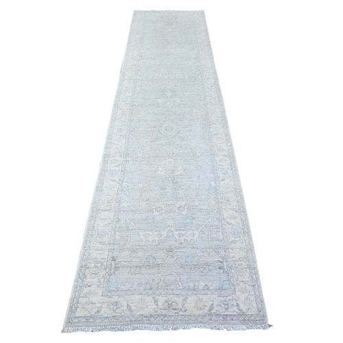 Gainsboro Gray, Natural Wool, White Wash Peshawar, Hand Knotted, Vegetable Dyes, Runner Oriental 