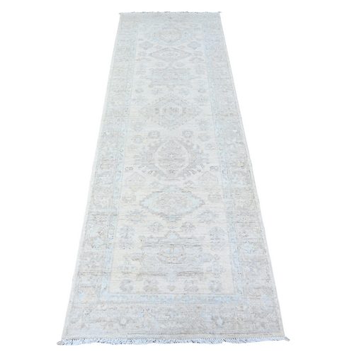 Vista White, Faded Washed Out Peshawar, Hand Knotted, Soft Wool, Runner Oriental 