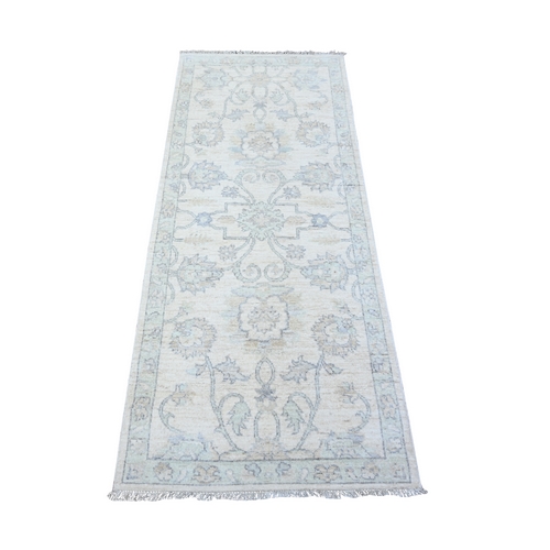 Pacific Pearl White, 100% Wool, Faded Out White Wash Peshawar, Hand Knotted, Runner Oriental 