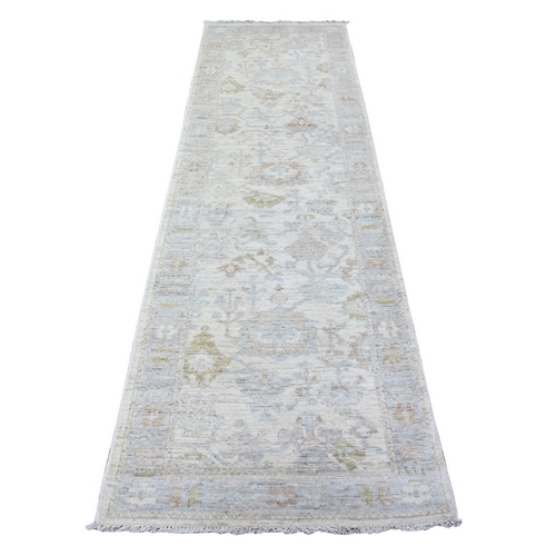 Paper White, Extra Soft Wool Afghan Angora Oushak All Over Motifs, Vegetable Dyes, Runner Hand Knotted Oriental 