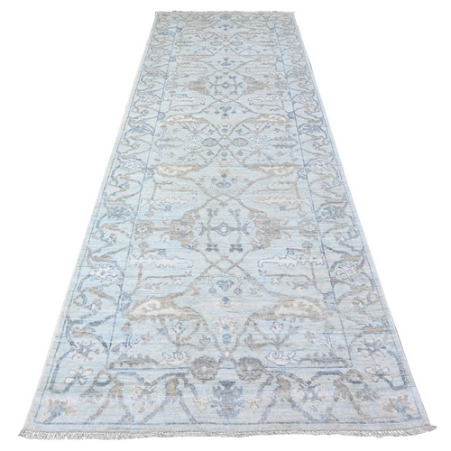 Lulworth Blue, Afghan Hand Knotted Angora Oushak All Over Design Extra Soft Wool, Natural Dyes, Wide Runner Oriental 