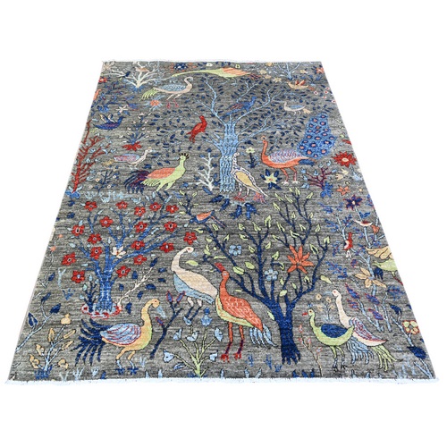 Sonic Gray, Hand Knotted, Pure Wool, Afghan Peshawar with Birds of Paradise, Natural Dyes, Oriental Rug