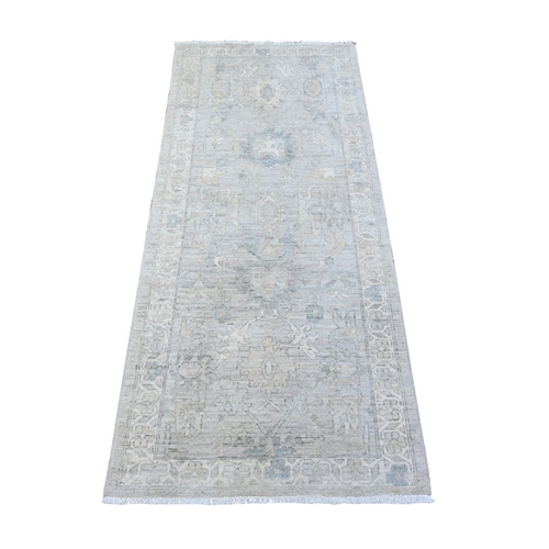 Ash Gray, 100% Wool, White Wash Peshawar, Hand Knotted, Natural Dyes, Runner Oriental 