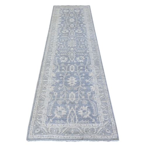 Cadet Gray, White Wash Peshawar, Hand Knotted, Natural Dyes, 100% Wool, Runner Oriental Rug