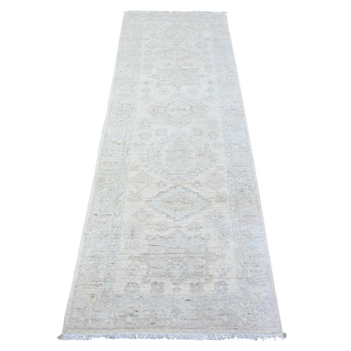 Alabaster White, Faded Washed Out Peshawar, Hand Knotted, Soft Wool, Runner Oriental 