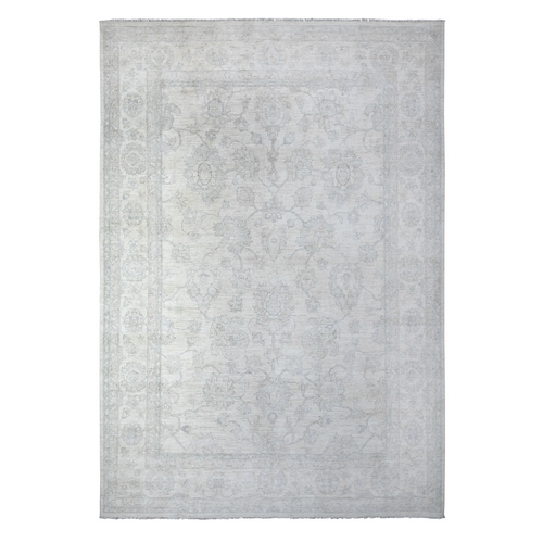 City Loft White, Faded Washed Out Peshawar, Hand Knotted, Organic Wool, Oriental 