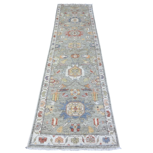 Silvermist Gray, Densely Woven Natural Dyes, 100% Wool, Hand Knotted Finer Peshawar with Heriz Design, Runner Oriental Rug