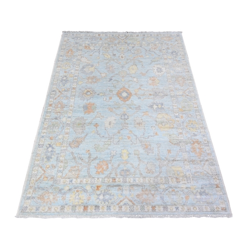 Atmospheric Blue, Afghan Hand Knotted Angora Oushak All Over Floral Pattern, Vegetable Dyes Soft Wool, Oriental Rug