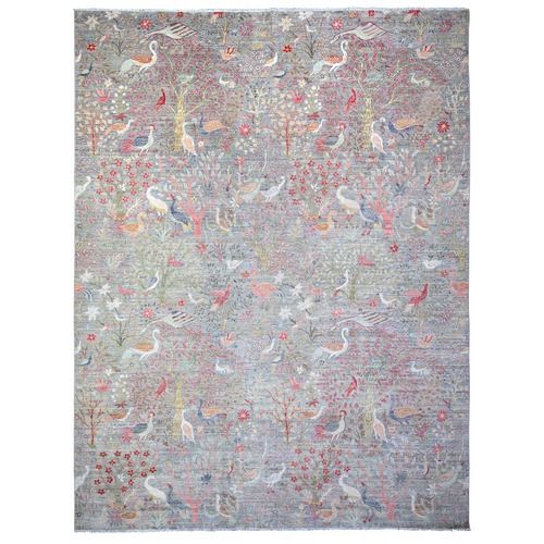 Sonic Gray, Afghan Peshawar with Birds of Paradise, Hand Knotted, Vegetable Dyes, Soft Wool, Oversized, Oriental Rug