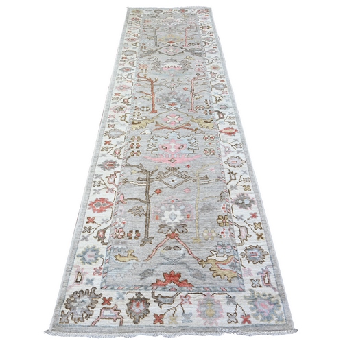 WinterWood Gray, Hand Knotted Vegetable Dyes Afghan Angora Oushak All Over Decorative Motifs, 100% Wool Runner Oriental Rug