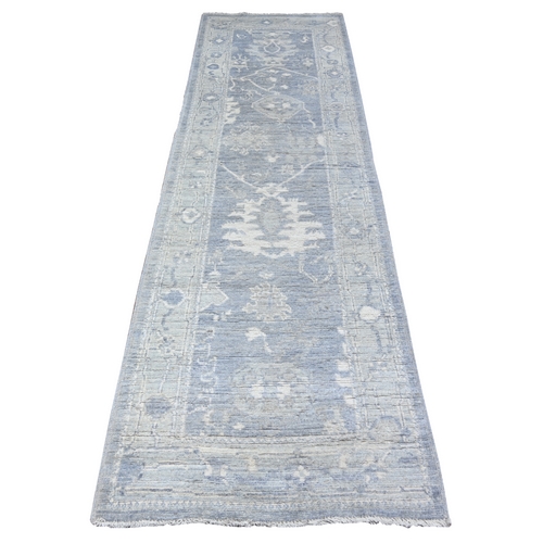 Satin Soft Blue and Woles Gray, Hand Knotted Vegetable Dyes Afghan Angora Oushak All Over Large Motifs Pattern, Velvety Wool Oriental Runner 