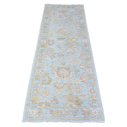 Paradiso Blue, Afghan Vegetable Dyes Angora Oushak with All Over Floral Design, Vibrant Wool Hand Knotted Oriental Runner Rug