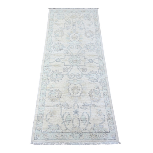 Frost White, Faded Washed Out Peshawar, Hand Knotted, Organic Wool, Runner Oriental 