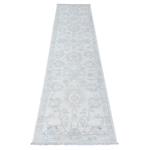Dove White, Hand Knotted, 100% Wool, Distressed White Wash Peshawar, Runner Oriental 